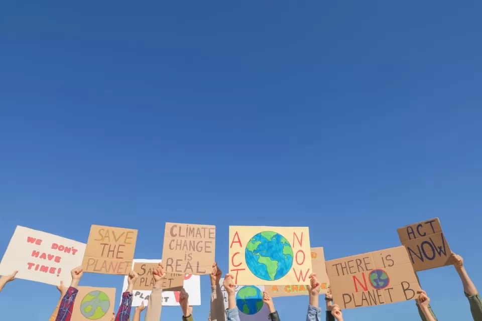 Hands holding up climate change protest signs against blue sky.